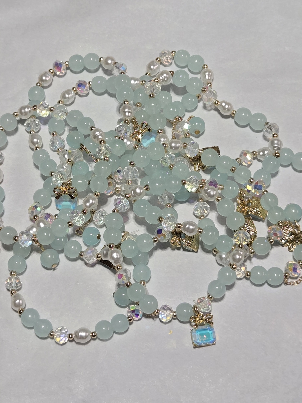 8mm Pale Aqua Beaded Necklace with Gold Accents and Pearl Highlights- For 1